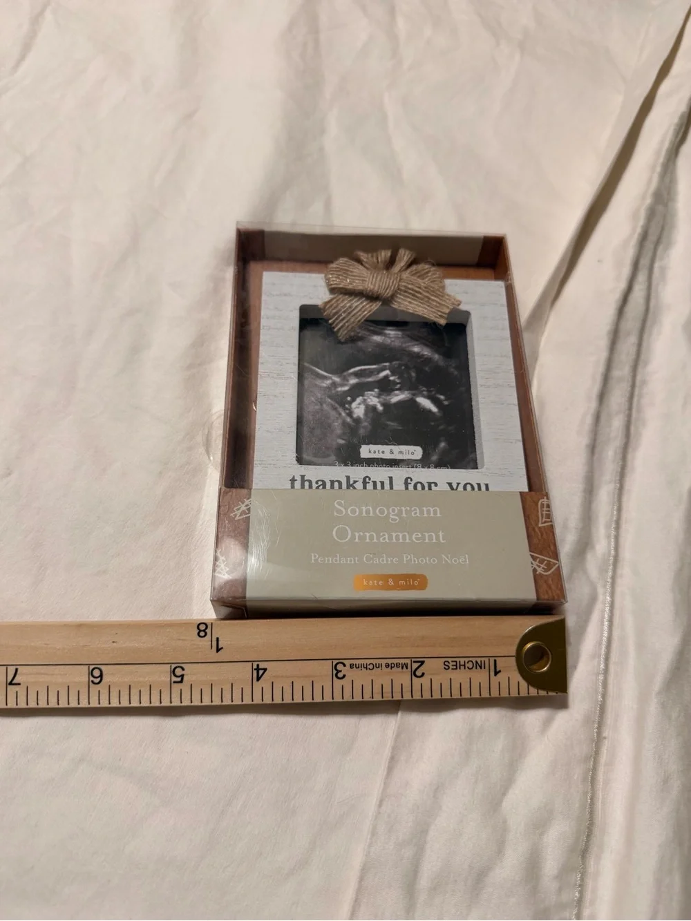 NIB kate & Milo Thankful For You Sonogram Ornament - Cream and Brown